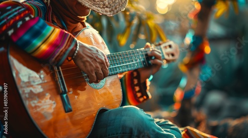 A close-up shot of a musician playing a guitar photo