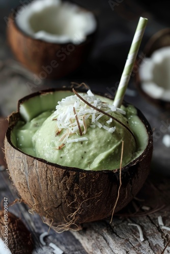 Tropical Avocado and Coconut Smoothie in a Coconut Shell - Perfect for Summer Refreshment