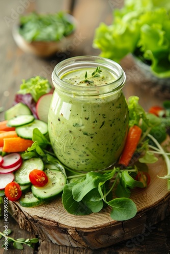Delicious Creamy Avocado Herb Dressing with Fresh Mixed Greens and Vegetables for Dipping