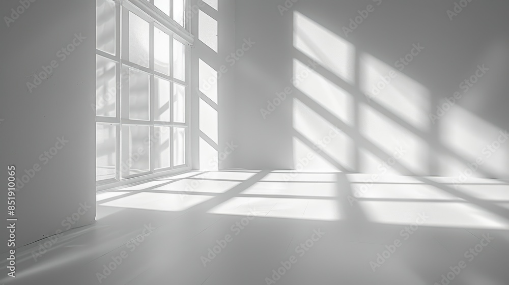 Fototapeta premium Sunlight casting geometric window shadows on a white wall, creating an abstract minimalist pattern of light and shadow, minimalist background with clean lines