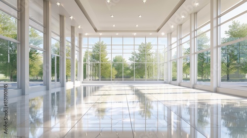 Spacious commercial real estate interior  large room with numerous windows  clean and bright ambiance  modern design  ideal for office or retail space  natural light flooding in  minimalist decor