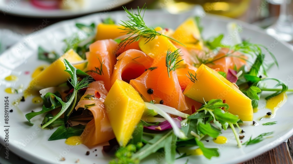 Gourmet Mango and Smoked Salmon Salad with Fresh Greens and Dill Dressing Gourmet Mango and Smoked Salmon Salad with Fresh Greens and Dill Dressing