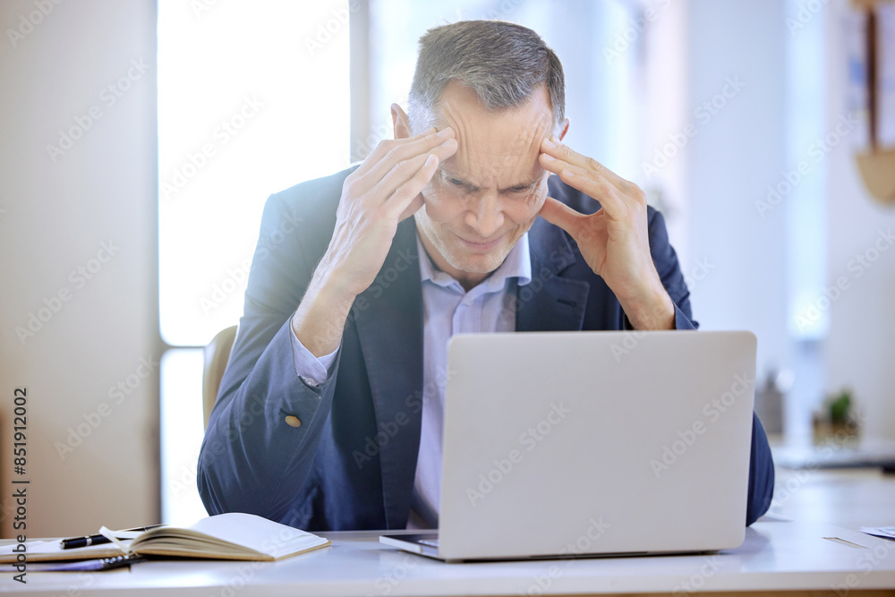Business man, stress and headache in office with depression, muscle strain and massage. Tired, mistake and overworked entrepreneur mature person with fatigue, burnout and exhausted with body ache Business man, stress and headache in office with depression, muscle strain and massage. Tired, mistake and overworked entrepreneur mature person with fatigue, burnout and exhausted with body ache