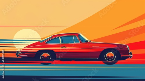 Dynamic flat illustration of a vintage car on the move, vibrant flat colors in a shadowfree graphic