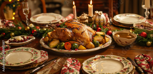 Festive Holiday Table with Golden Roast Chicken, Vegetables, Cranberry Sauce, and Gravy Boats for Christmas Dinner photo