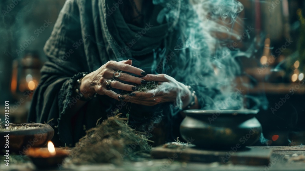 A witch prepares a potion, her hands adorned with rings and dark nails A witch prepares a potion, her hands adorned with rings and dark nails