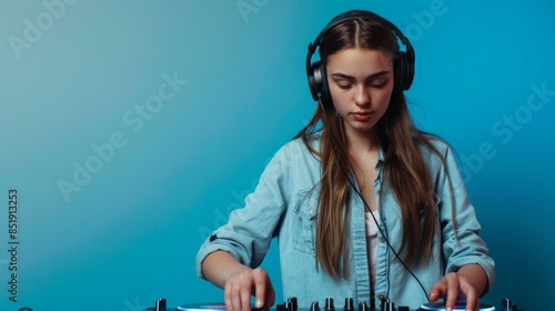 A young woman wearing headphones mixes music on a DJ mixer photo