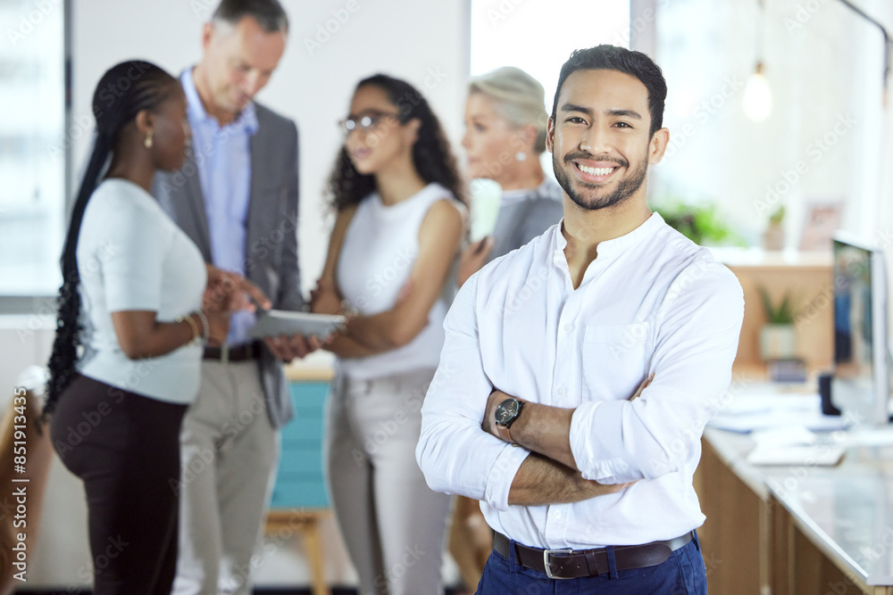 Portrait, business and man with arms crossed, smile and staff in background, teamwork and career ambition. Face, people and employees with consultant, confidence and pride for startup and cooperation Portrait, business and man with arms crossed, smile and staff in background, teamwork and career ambition. Face, people and employees with consultant, confidence and pride for startup and cooperation
