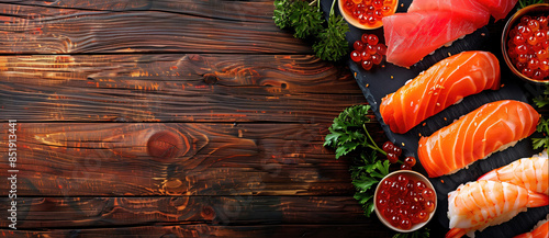 A variety of sushi and sashimi delicacies, including vibrant slices of salmon, accompanied by fresh garnishes on a rustic wooden surface