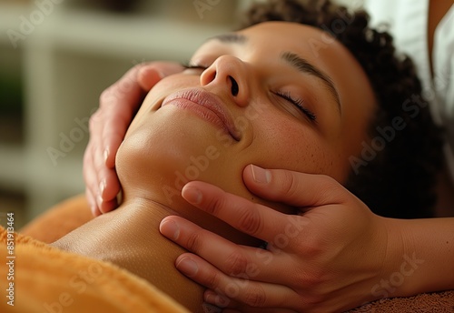 A woman receiving a facial massage with gentle pressure on the face