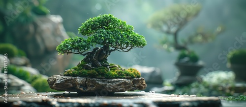 A bonsai tree with lush green foliage perched atop a mossy rocks