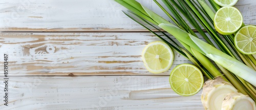 Fresh citrus fruits, including sliced limes and lemons, alongside green leaves on a light wooden background