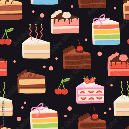 Birthday cake slices seamless pattern. Sweet holiday bakery pieces collection. Pastry chocolate fruit, berry dessert with candles for breakfast. Vector hand drawn flat cartoon illustration