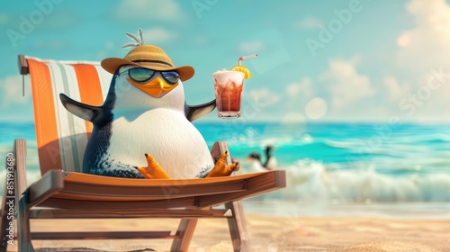 Cute penguins with a tropical cocktail relax on a sun lounger on the beach. The concept of a vacation at sea.