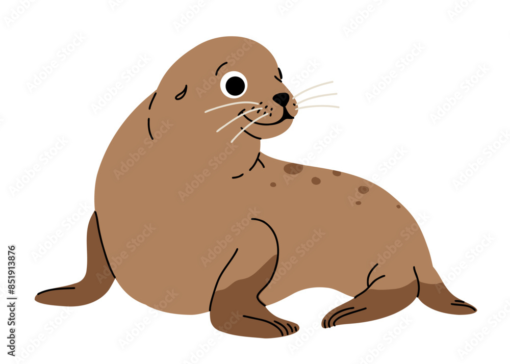 Obraz premium Vector cartoon illustrations of sea lion on a white background. Flat cute icon of sea lion . Underwater world, ocean, underwater inhabitants.