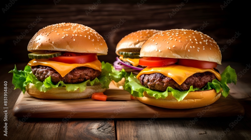 Savory Cheeseburger Stack: Layers of Flavor on a Dark Background Savory Cheeseburger Stack: Layers of Flavor on a Dark Background