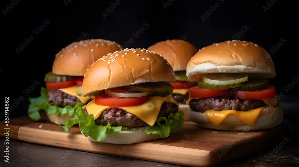 Savory Cheeseburger Stack: Layers of Flavor on a Dark Background Savory Cheeseburger Stack: Layers of Flavor on a Dark Background
