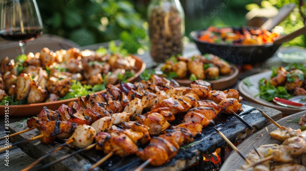 Lively Family Barbecue with Grilled Chicken Skewers and Sizzling Dishes in a Festive Outdoor Atmosphere Lively Family Barbecue with Grilled Chicken Skewers and Sizzling Dishes in a Festive Outdoor Atmosphere