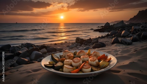 A platter of seared scallops and roasted vegetables on a sandy beach at sunset