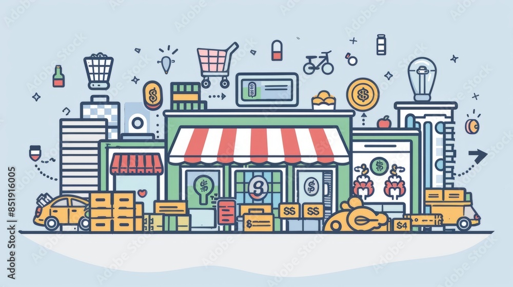 Money counting concepts with product icons showing interest, buying and selling of goods, paying for products ordered Money counting concepts with product icons showing interest, buying and selling of goods, paying for products ordered