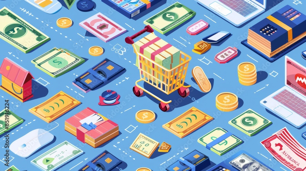 Money counting concepts with product icons showing interest, buying and selling of goods, paying for products ordered Money counting concepts with product icons showing interest, buying and selling of goods, paying for products ordered