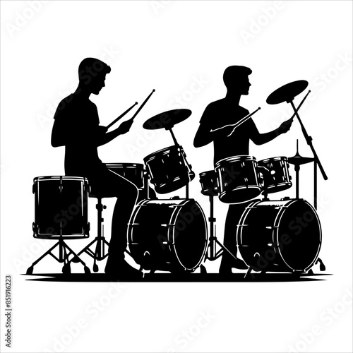 A drummer musician drumming drums in detailed silhouette. Drummer Silhouettes vector