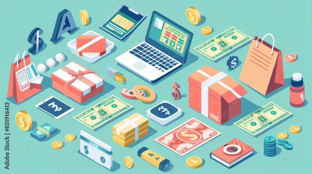 Money counting concepts with product icons showing interest, buying and selling of goods, paying for products ordered Money counting concepts with product icons showing interest, buying and selling of goods, paying for products ordered