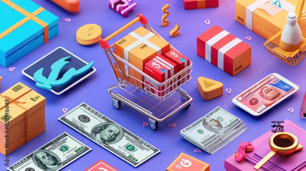 Fototapeta premium Money counting concepts with product icons showing interest, buying and selling of goods, paying for products ordered