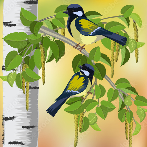 Birds on a tree branch.Color vector illustration with tits on a birch branch.