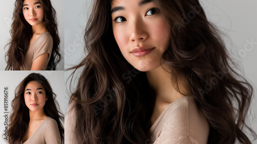 Photo collage of a woman with long hair and beige top.
