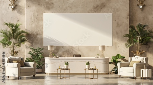 A chic boutique hotel lobby with a blank white mockup on a neutral-toned wall, accented by designer furniture, potted plants, and a stylish reception desk adorned with artful decor.