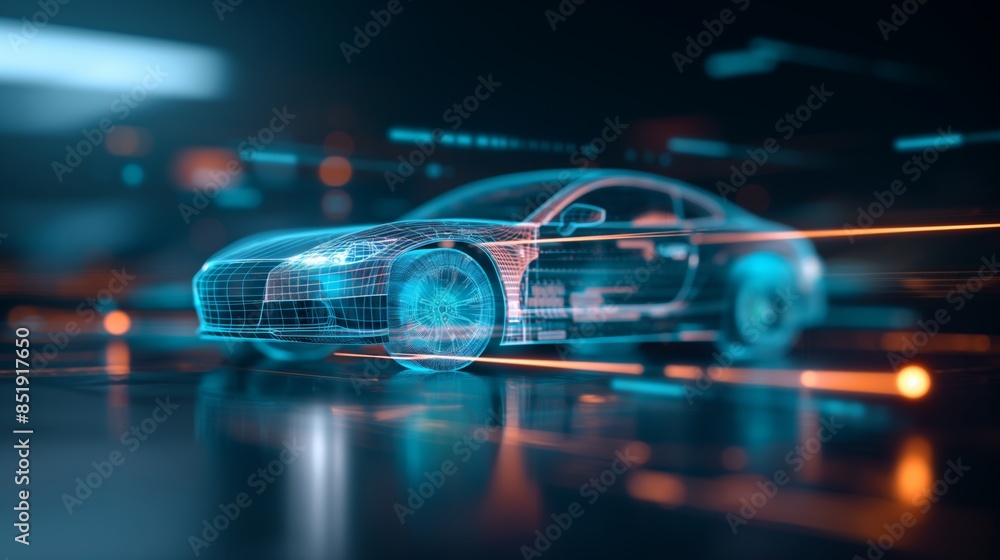 A futuristic holographic sports car illuminated with vibrant neon lights, symbolizing innovation and technology in a digital world. A futuristic holographic sports car illuminated with vibrant neon lights, symbolizing innovation and technology in a digital world.