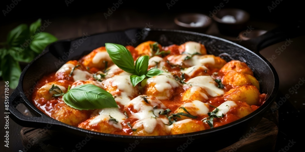 Baked Italian Gnocchi with Marinara Sauce, Mozzarella, and Basil. Concept Italian Cuisine, Baked Gnocchi, Marinara Sauce, Mozzarella Cheese, Fresh Basil Baked Italian Gnocchi with Marinara Sauce, Mozzarella, and Basil. Concept Italian Cuisine, Baked Gnocchi, Marinara Sauce, Mozzarella Cheese, Fresh Basil