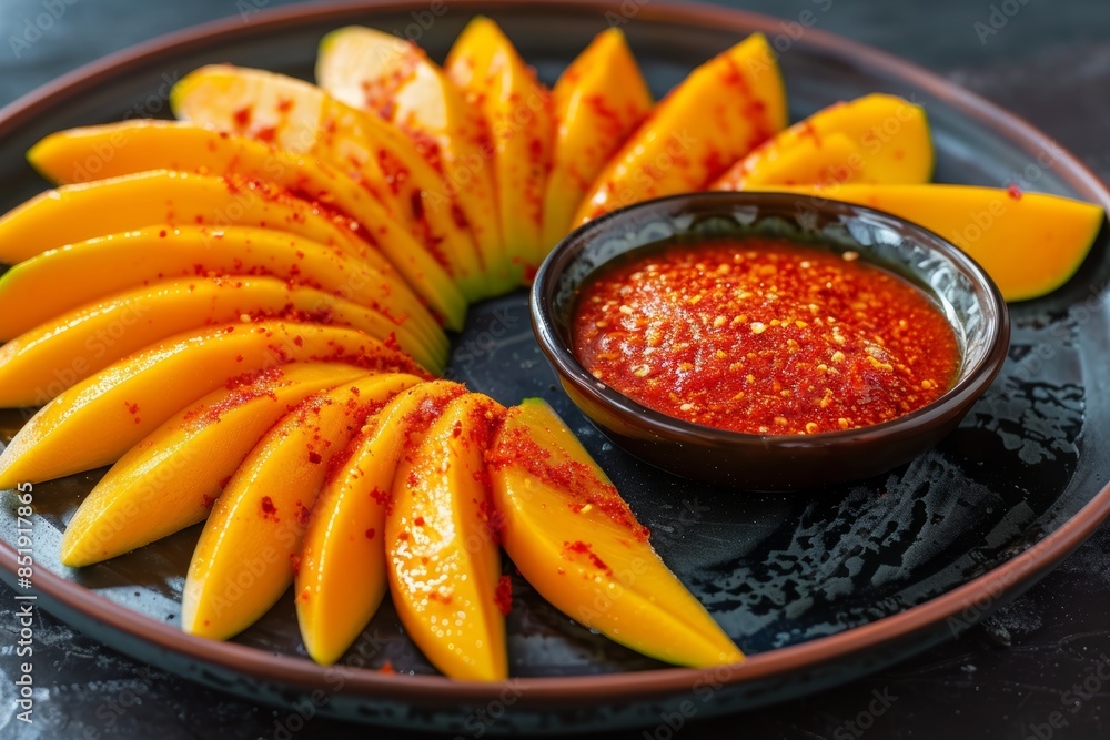 Vibrant Mango Slices with Chili Lime Salt Bowl - Perfect for Summer Snacks & Garnishing Ideas Vibrant Mango Slices with Chili Lime Salt Bowl - Perfect for Summer Snacks & Garnishing Ideas