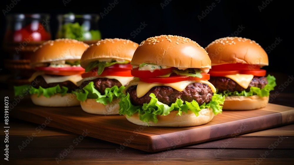 Savory Cheeseburger Stack: Layers of Flavor on a Dark Background Savory Cheeseburger Stack: Layers of Flavor on a Dark Background