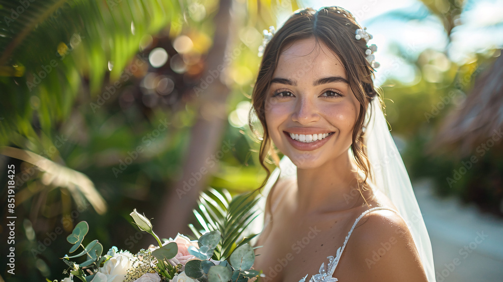 Blissful Bride Embracing Nature: Elegant Wedding Portrait in Garden/Beach Setting with Copy Space. Blissful Bride Embracing Nature: Elegant Wedding Portrait in Garden/Beach Setting with Copy Space.