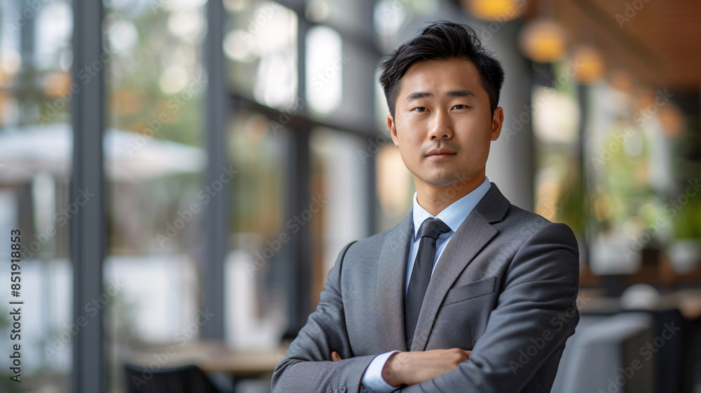 Confident Asian businessman in modern office setting with natural light streaming through windows for copy space Confident Asian businessman in modern office setting with natural light streaming through windows for copy space