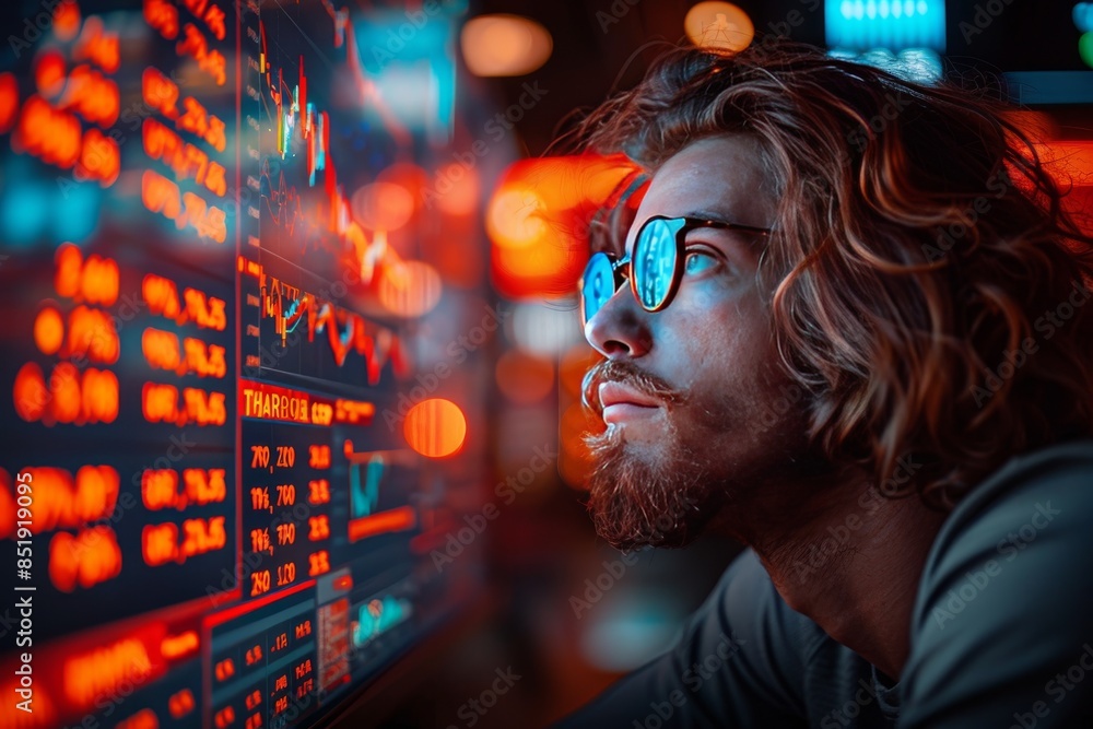 Bearded Man Wearing Glasses Focuses On Stock Market Data Displayed On Screen Bearded Man Wearing Glasses Focuses On Stock Market Data Displayed On Screen