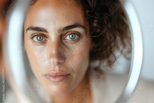 Close-Up of Woman's Face in Front of a Mirror