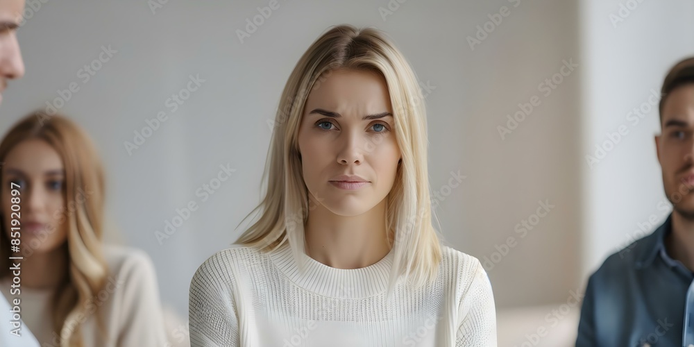 Fototapeta premium A young blonde woman confronts her husband while another wife watches upset. Concept Relationship Conflict, Jealousy, Confrontation, Marriage Problems, Emotional Drama