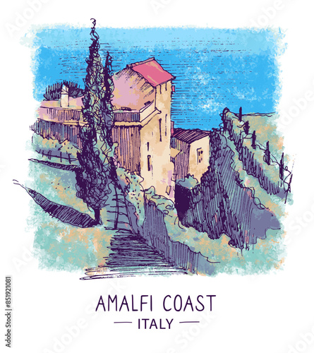 Architecture sketch illustration. Landscape colorful of Villa Rufolo in Ravello, Amalfi Coast, Italy. Travel sketch. Hand drawn postcard, banner, poster. Digital Drawing. Watercolor texture. Vector