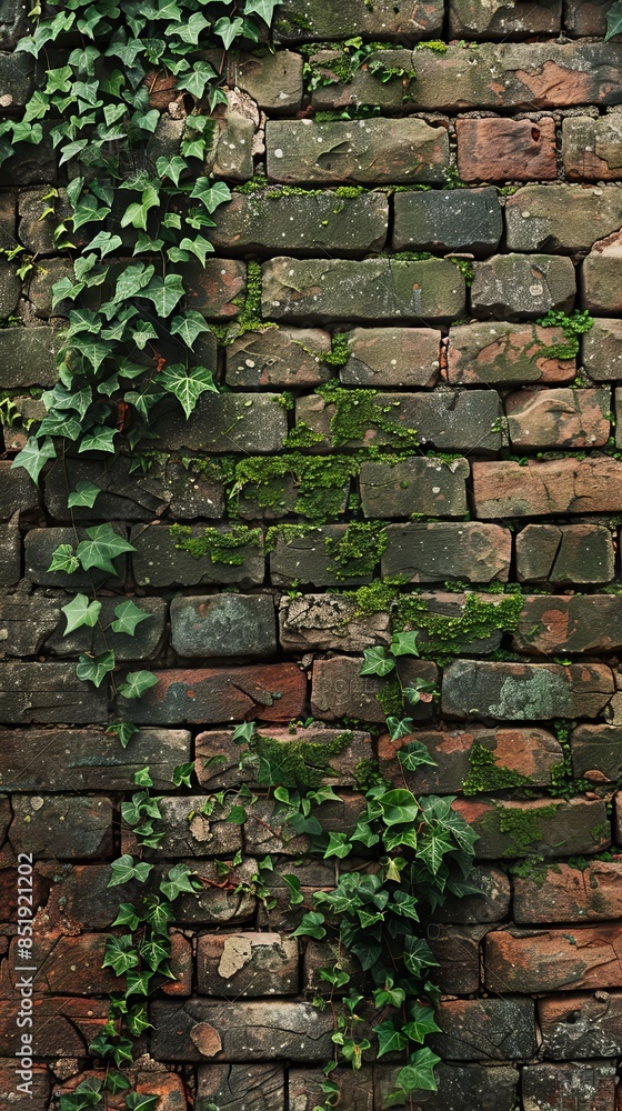 A rustic background of an old, weathered brick wall with moss and ivy growing in the cracks A rustic background of an old, weathered brick wall with moss and ivy growing in the cracks