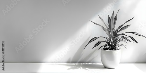 Monochrome photograph of potted plant against white backdrop. Concept Monochrome, Potted Plant, White Backdrop, Minimalist, Indoor Plants