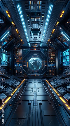 Fototapeta Naklejka Na Ścianę i Meble -  A sci-fi background of the interior of a sleek, modern space station with glowing panels and holograms