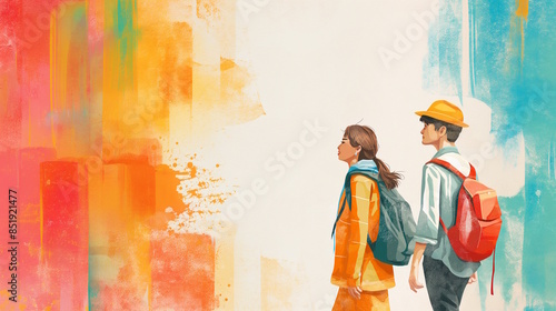 Hispanic man and woman with backpacks, exploring an abstract colorful background, symbolizing travel and adventure. Concept for cultural journeys and youth travel