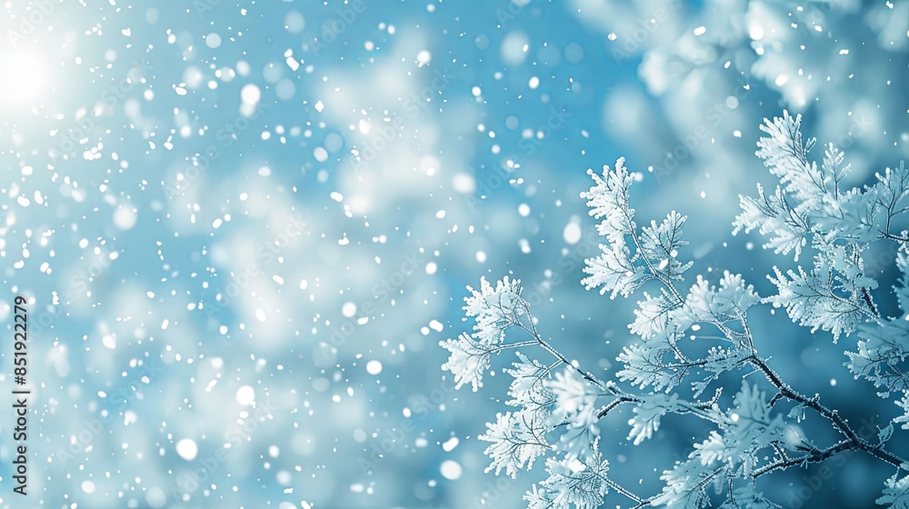 A serene background of delicate snowflakes gently falling against a pale, icy blue sky A serene background of delicate snowflakes gently falling against a pale, icy blue sky