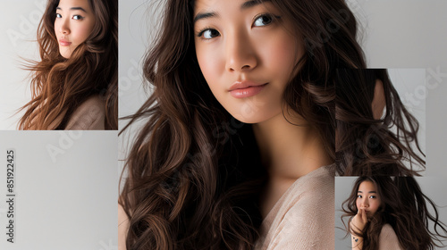 Photo collage of a woman with long hair and beige top.