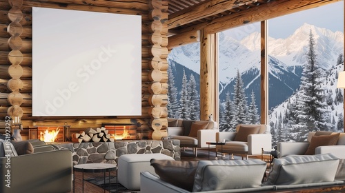 A mountain lodge's reception area featuring a blank white mockup on a wooden log cabin wall, with cozy armchairs, a roaring fireplace, and panoramic windows offering views of snow-capped peaks.