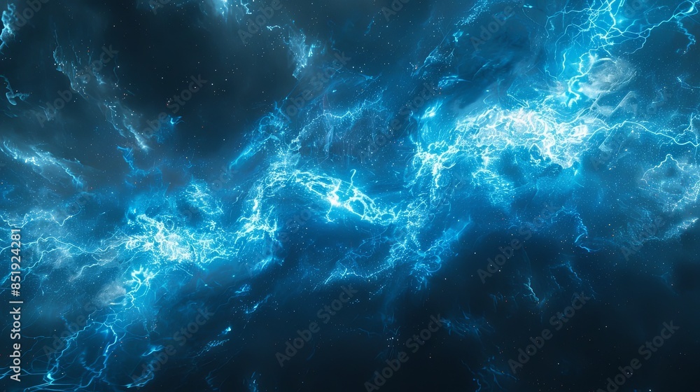 A striking background of electric blue pulses and sparks against a dark, stormy sky A striking background of electric blue pulses and sparks against a dark, stormy sky