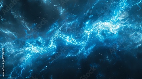 A striking background of electric blue pulses and sparks against a dark, stormy sky
